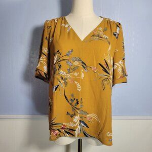 Ivanka Trump Extra Small Goldenrod Floral V Neck Ruffle Short Sleeve Bouse
